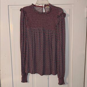 BODEN Women’s TOP Pink Blue Sz 10 Smocked Ruffle HEART Long Sleeve Romantic